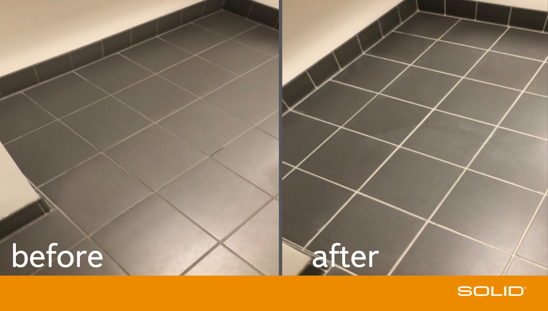 A picture featuring a before and after picture of tile and grout cleaning by SOLID Surface Care. 