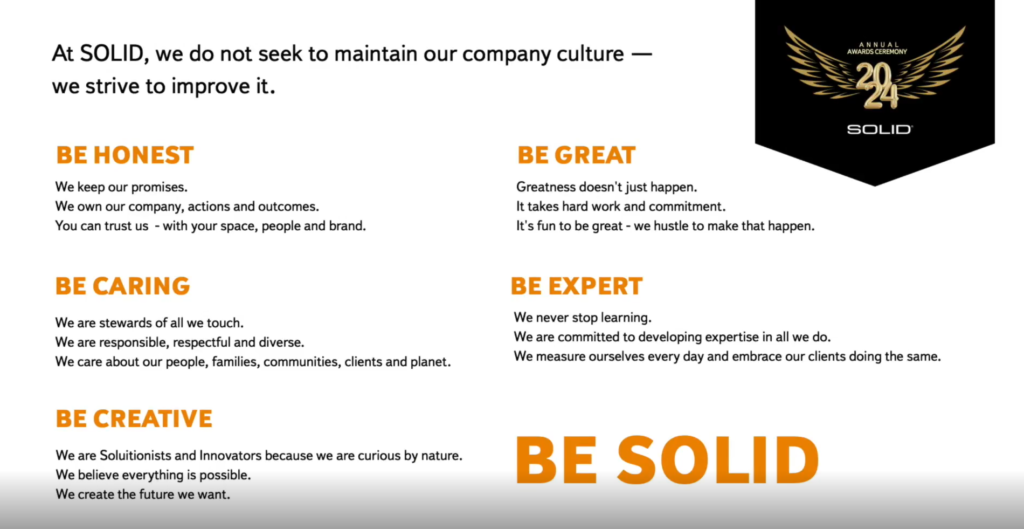 SOLID's Values for the company