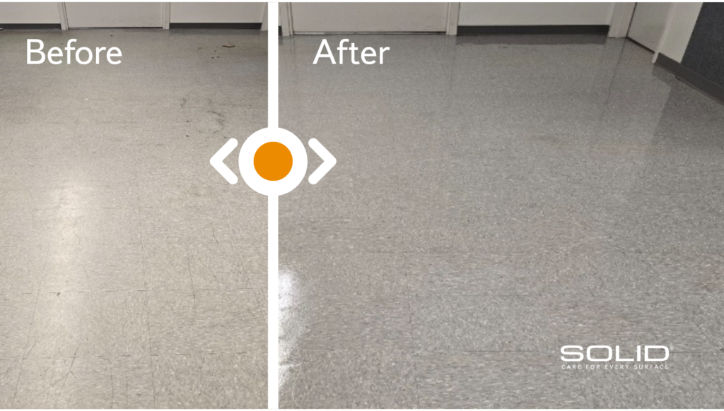 Before & After: Resilient floors restored for long-lasting performance and easier maintenance with SOLID’s expert repair, cleaning, and coating.