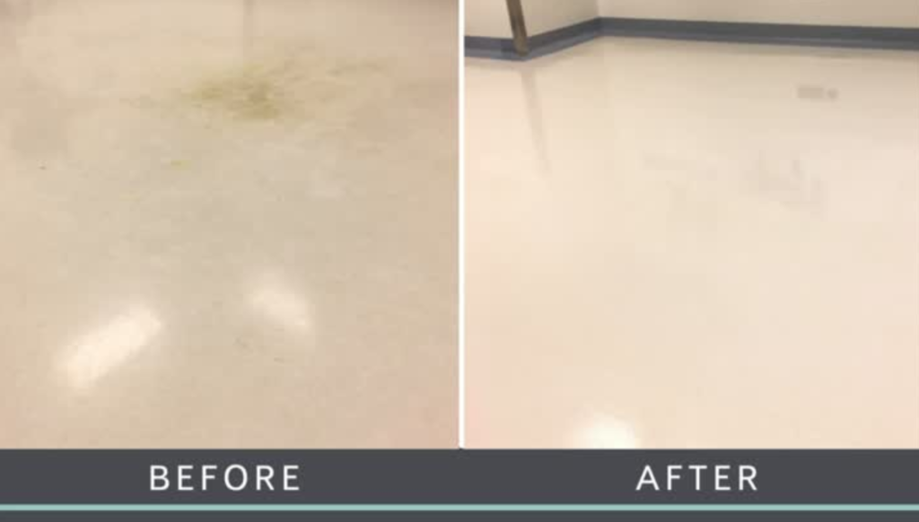 Before and after image showing SOLID Surface Care’s cleaning and restoration of non-clinical hospital flooring, highlighting improved cleanliness and safety.
