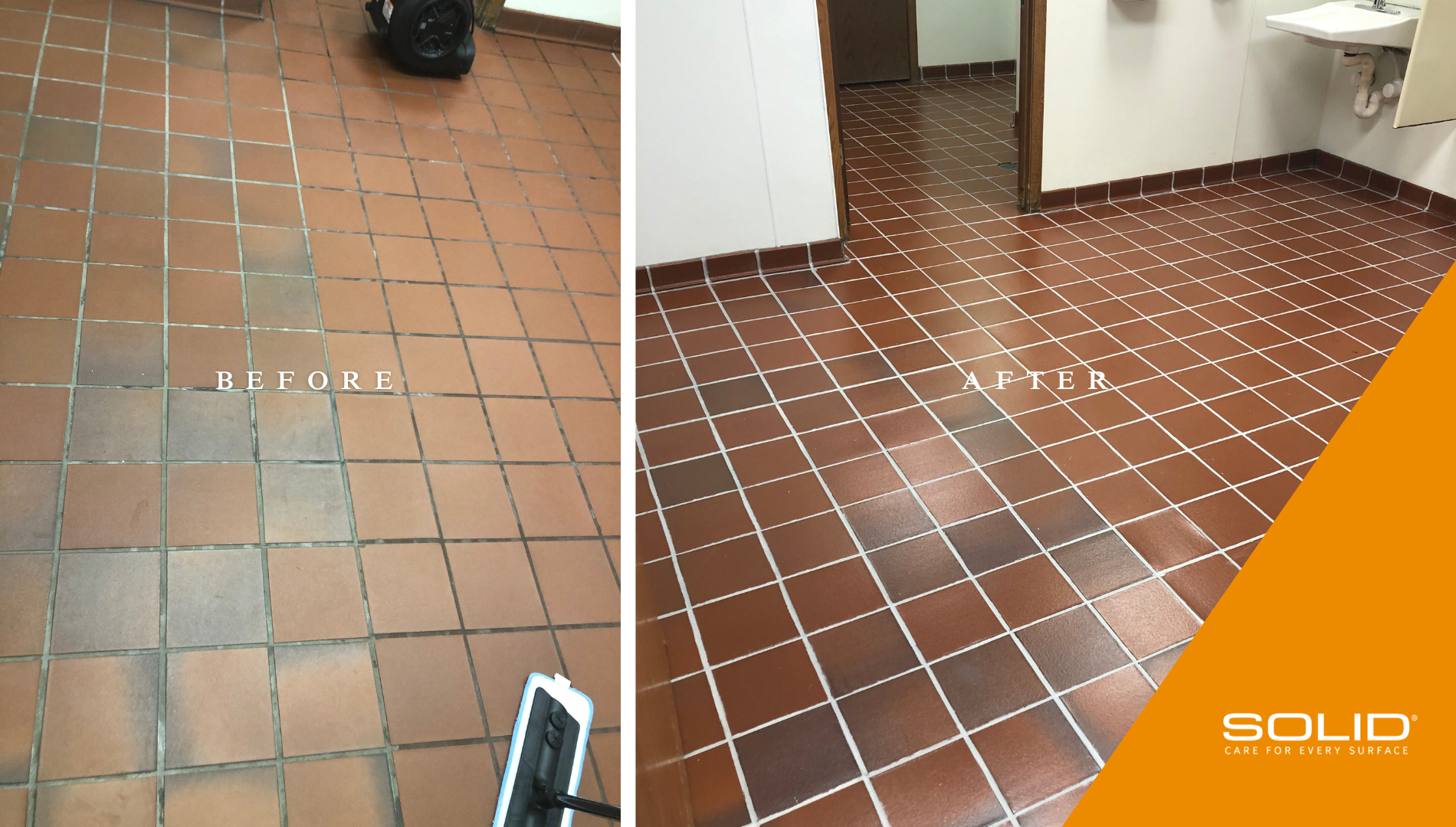 Side-by-side before-and-after of terracotta tile and grout in a commercial bathroom. Left side shows heavy dirt buildup and discoloration; right side shows clean, bright, and refreshed surfaces after professional restoration by SOLID Surface Care.
