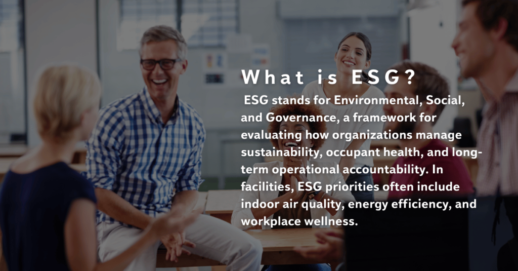 Office workers smiling and talking, representing ESG (Environmental, Social, and Governance) in a workplace setting, with ‘What is ESG and its meaning’ overlayed.