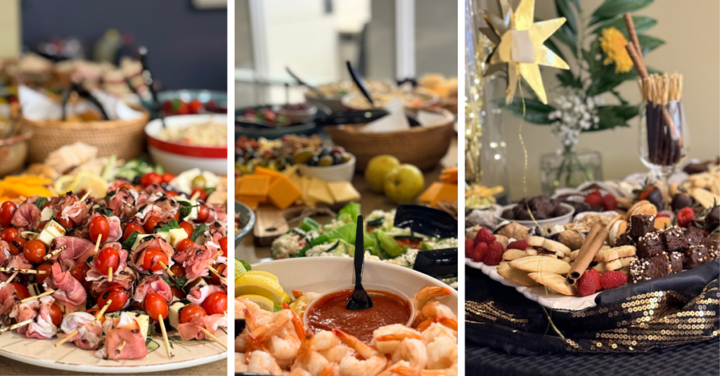 A breakroom spread at the 2025 SOLID Awards Ceremony featuring a variety of savory dishes and a dessert station, arranged by the HR team for teammates to enjoy.