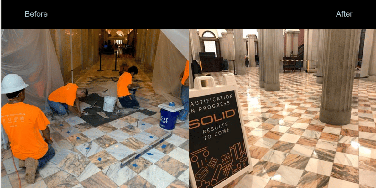 Marble floor restoration in South Carolina Statehouse showing repair, polishing, and restored high-traffic surface