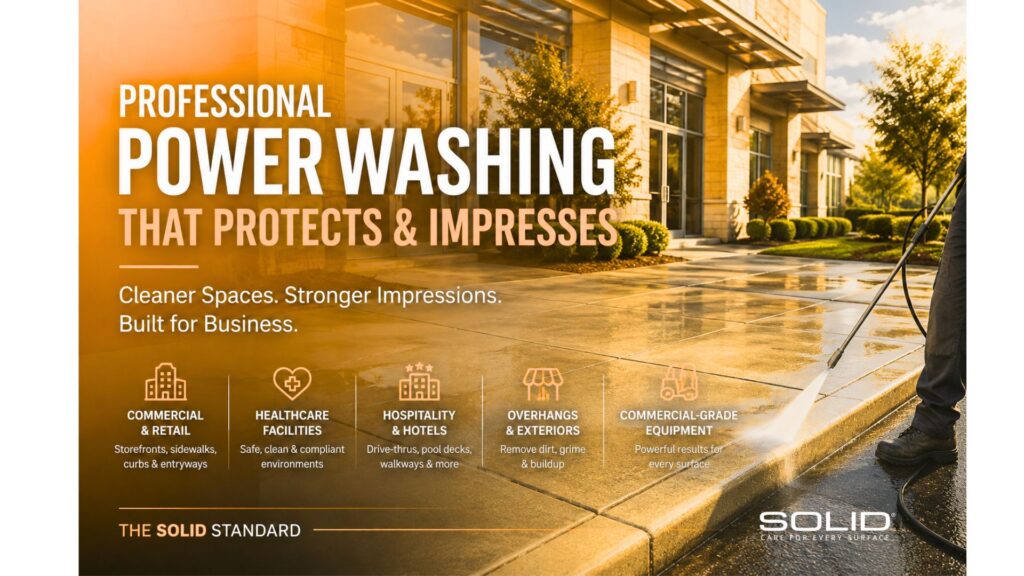 Commercial power washing services cleaning sidewalks, curbs, and exterior entrances at a professional business property.