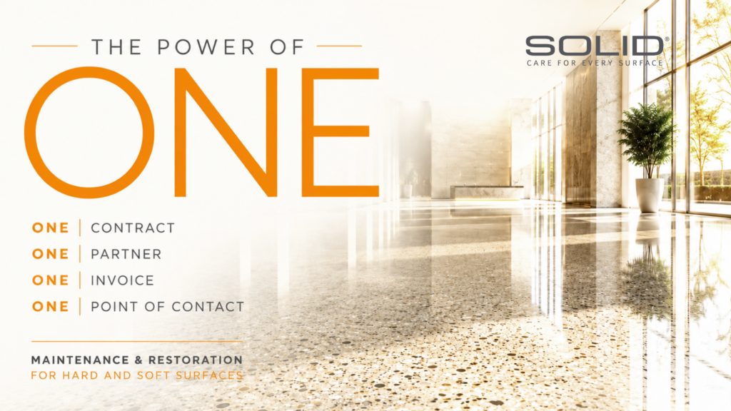 The Power of One facility maintenance model from SOLID Surface Care featuring one contract, one partner, one invoice, and one point of contact.