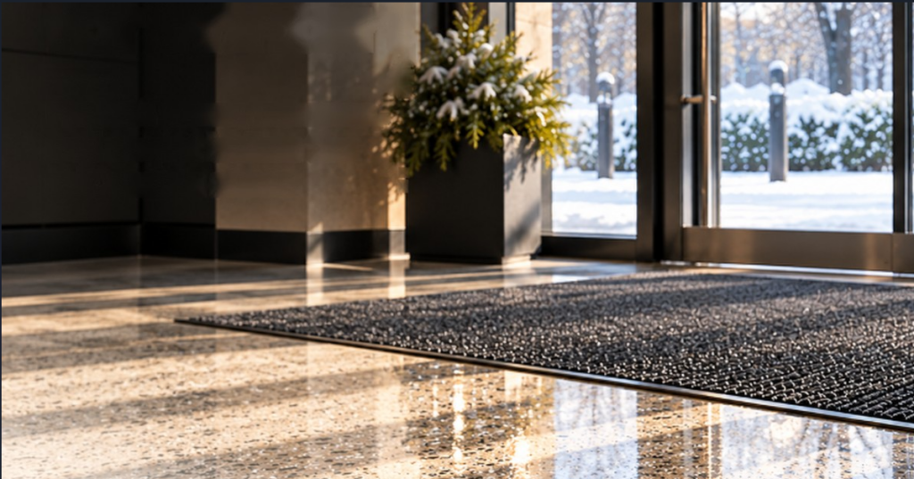 Winter floor care for a commercial lobby with polished terrazzo floor and entrance mat at snowy glass doors